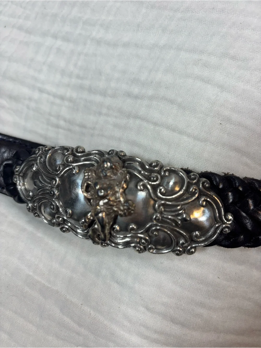 VTG Black Braided Leather Belt with Ornate Angel Silver-Tone Buckle Y2K